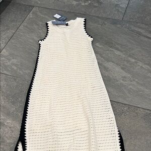 Sleeveless White Crochet Maxi Dress with Black Trim